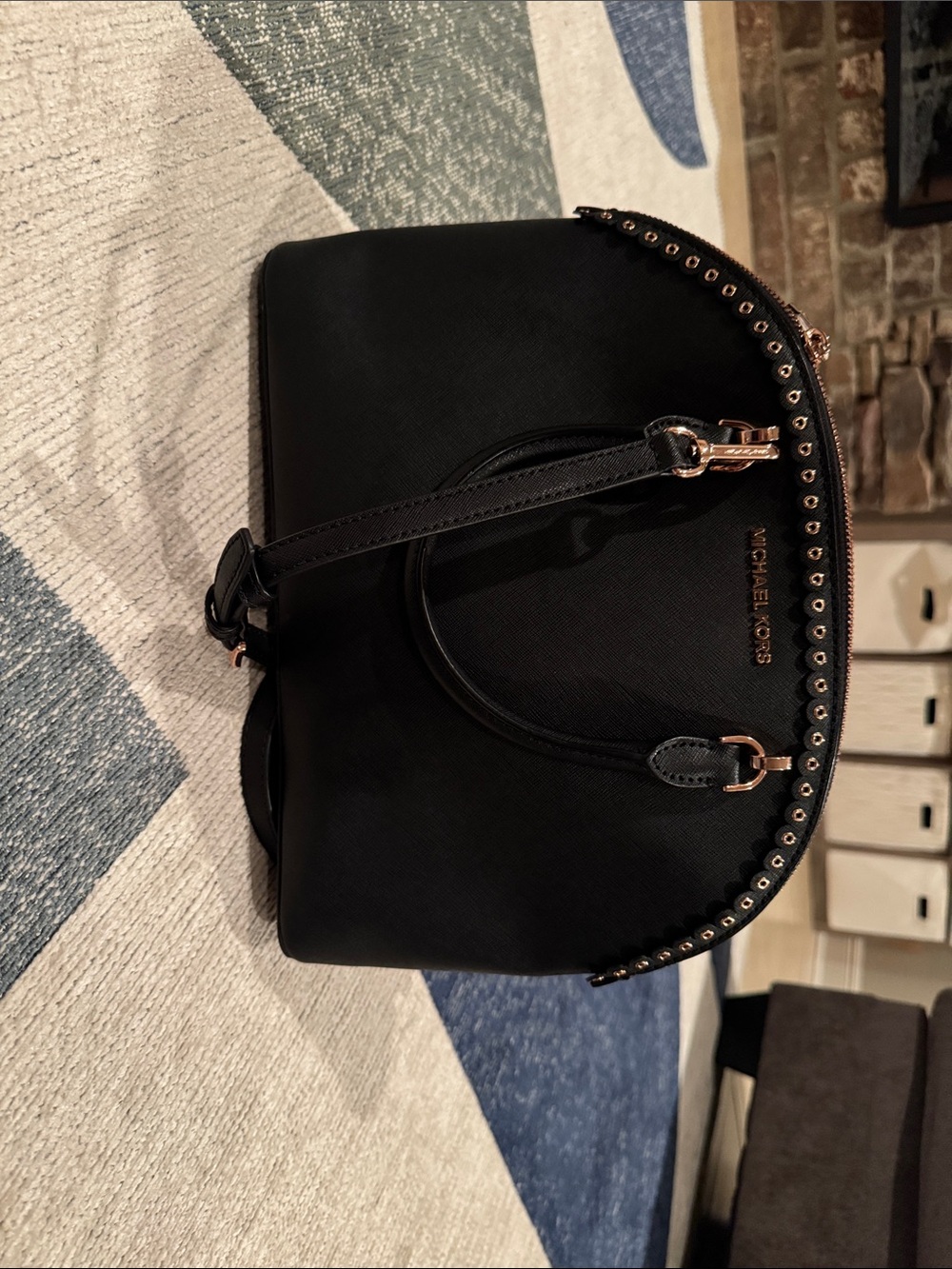 Michael Kors Black Dome Satchel with Stud Trim and Rose-Gold Hardware